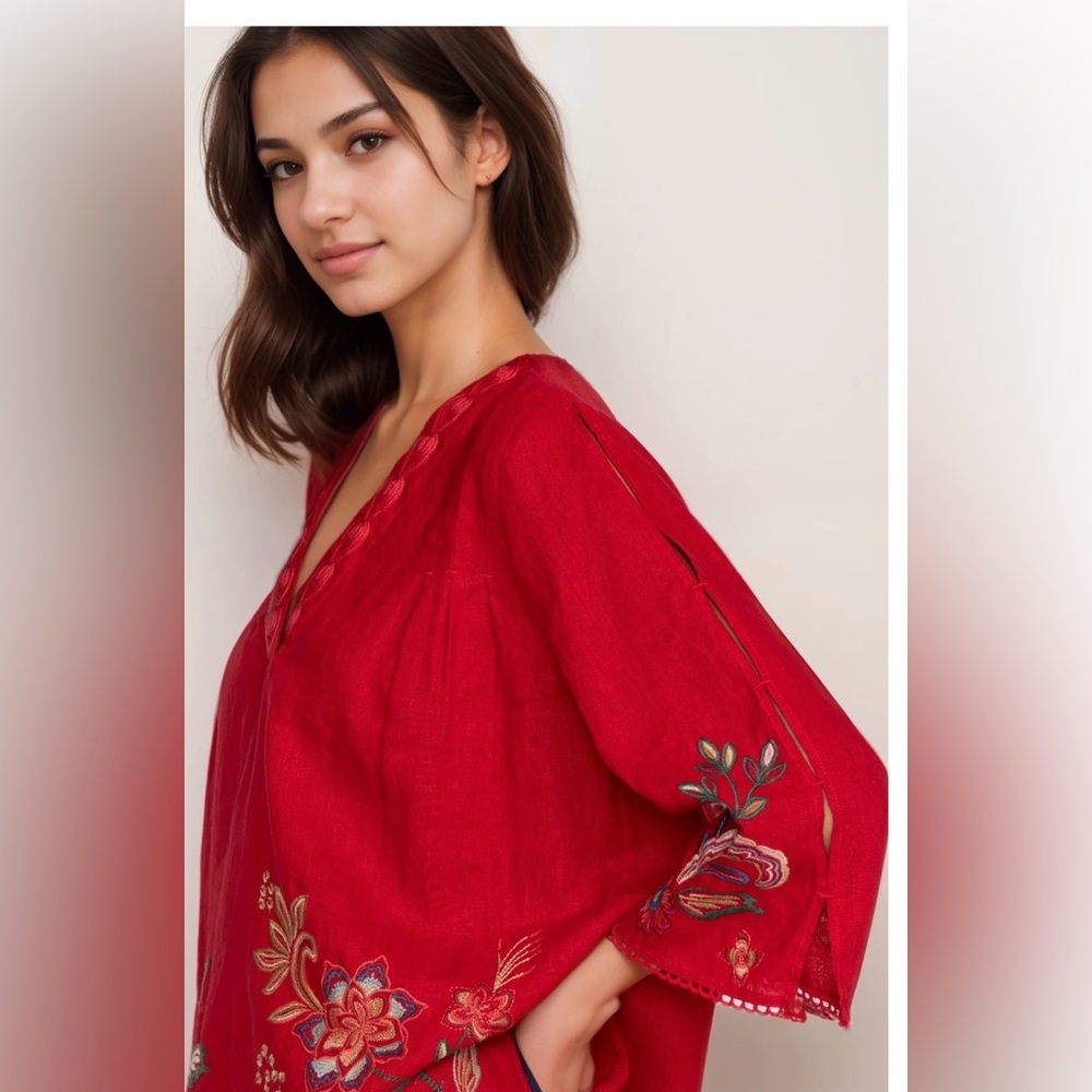 Johnny Was Red Linen VNeck Top w/ Embroidery🌺Final Price.